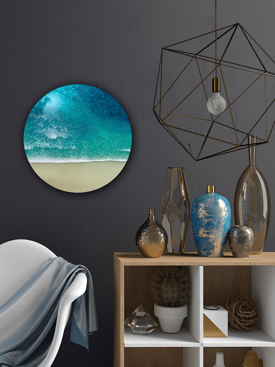 Landscape Painting By Ana Hefco, 15 X 15, Round Ocean #104, Original Artwork