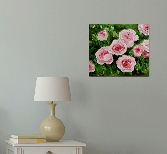 Roses in bloom, garden, oil painting on canvas.