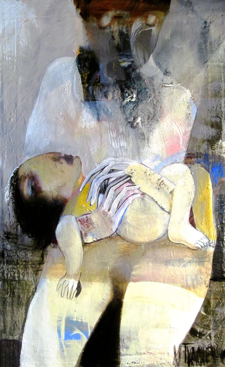 Expressive Portrait Acrylic Painting By Victor Tkachenko, 21 X 34", Mother And Child, Original Artwork