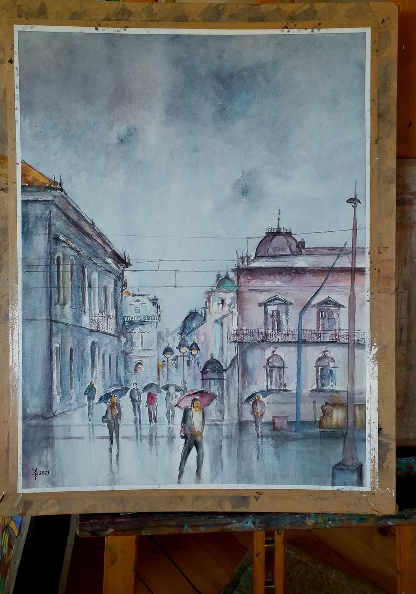 Impressionistic Cityscapes Watercolour By Zoran Mihajlovic Muza, 16 X 21", Rainy Day, Original Artwork