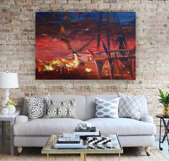 Dragon Smaug attacks Lake-town 110x160 cm S053 Large impressionism acrylic painting on unstretched canvas art