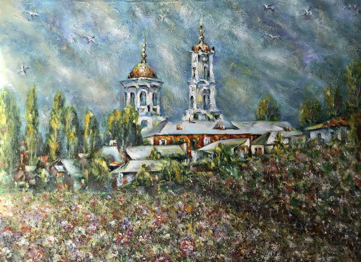 Impressionistic Landscape Oil Painting By Ivan Shapoval, 38 X 28, A Glorious City Above The Pslo, Original Artwork