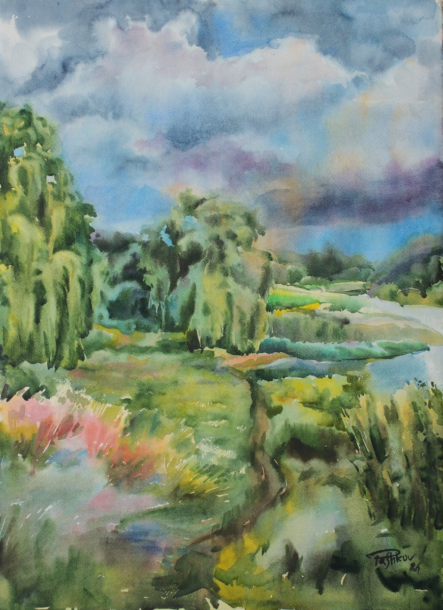 Impressionistic Landscape Watercolour By Yurii Pashkov, 22 X 30", It