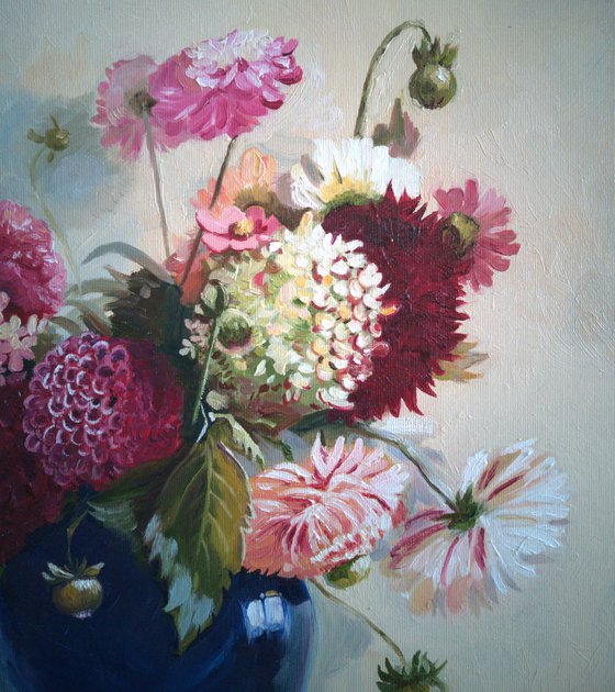 Flowers Bouquet in a blue glass vase still life