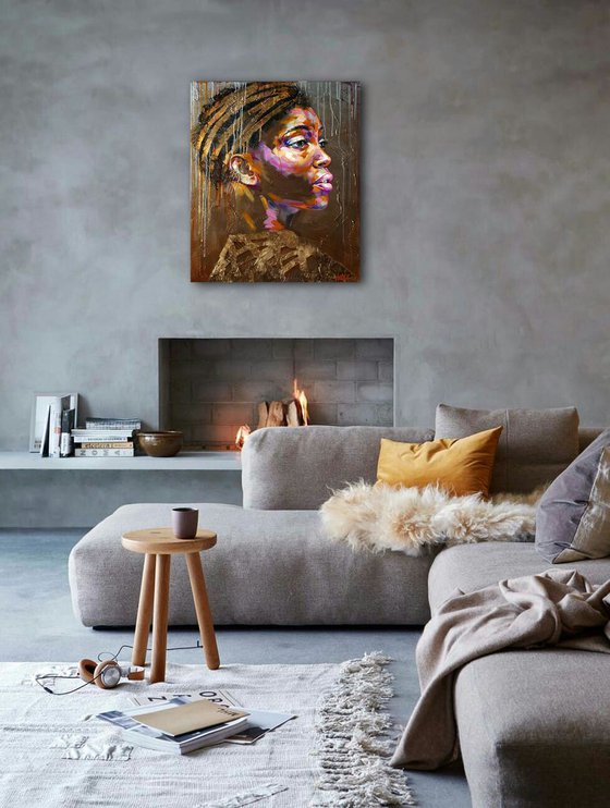 Portrait african woman - Gold of africa - Painting oil original