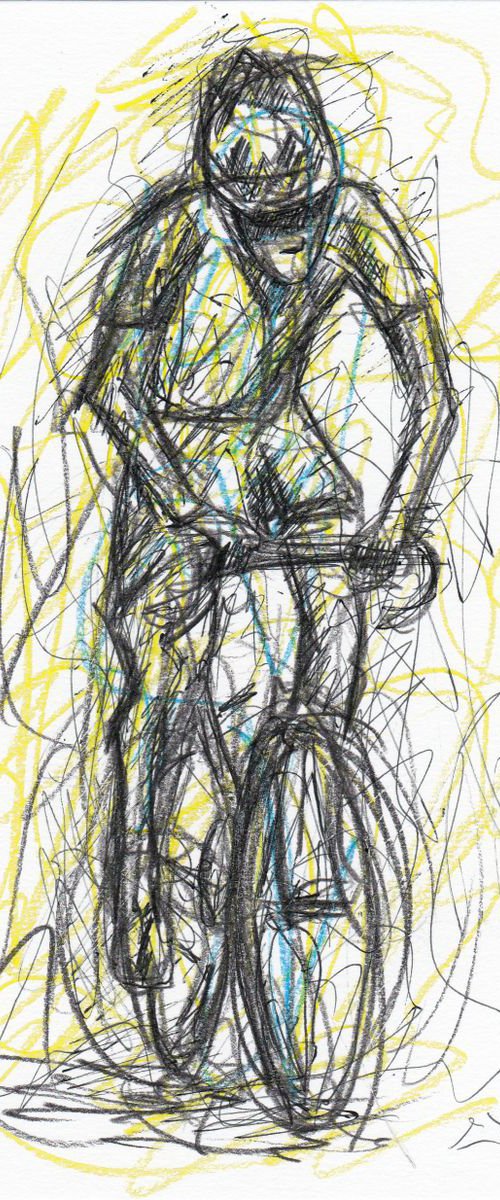 Esquisse crayon bleu jaune et encre, Cycliste by Lionel Le Jeune