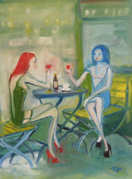 GIRLS FASHION MODELS, CAFE RESTAURANT, RED WINE, Green Dress, Blue Dress. Original Female Figurative Oil Painting. Varnished. by Tim Taylor