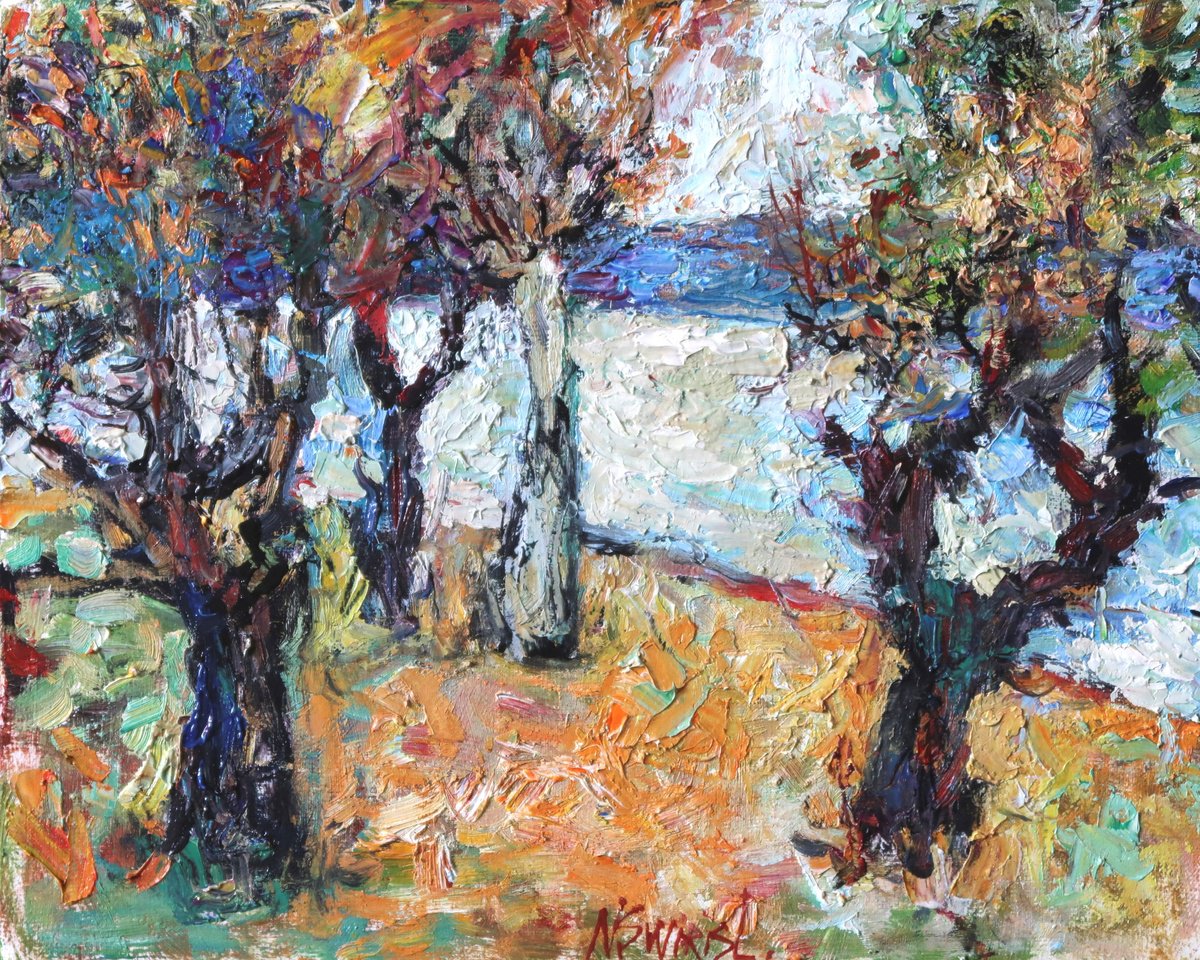 Impressionistic Landscape Oil Painting By Nikifor Swiristuhin, 10 X 8", - Trees By The River - ?, Original Artwork
