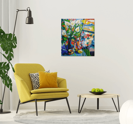 Still life with callas(80x90cm, cubism, oil painting, ready to hang)