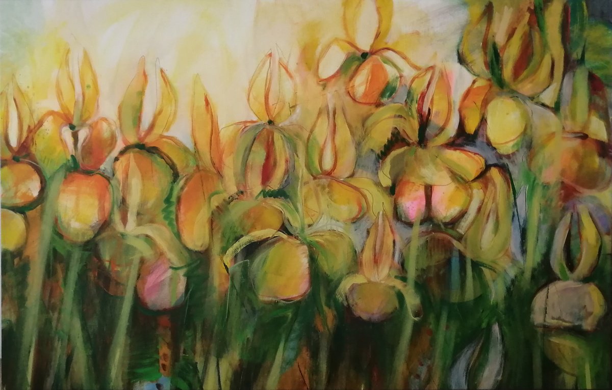 Expressive Botanical Oil Painting By Olga David, 49 X 31", Yellow Gladiolen, Original Artwork