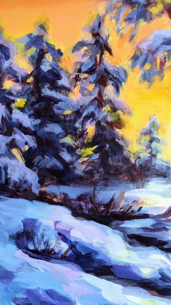 Winter sunset Landscape with trees under snow