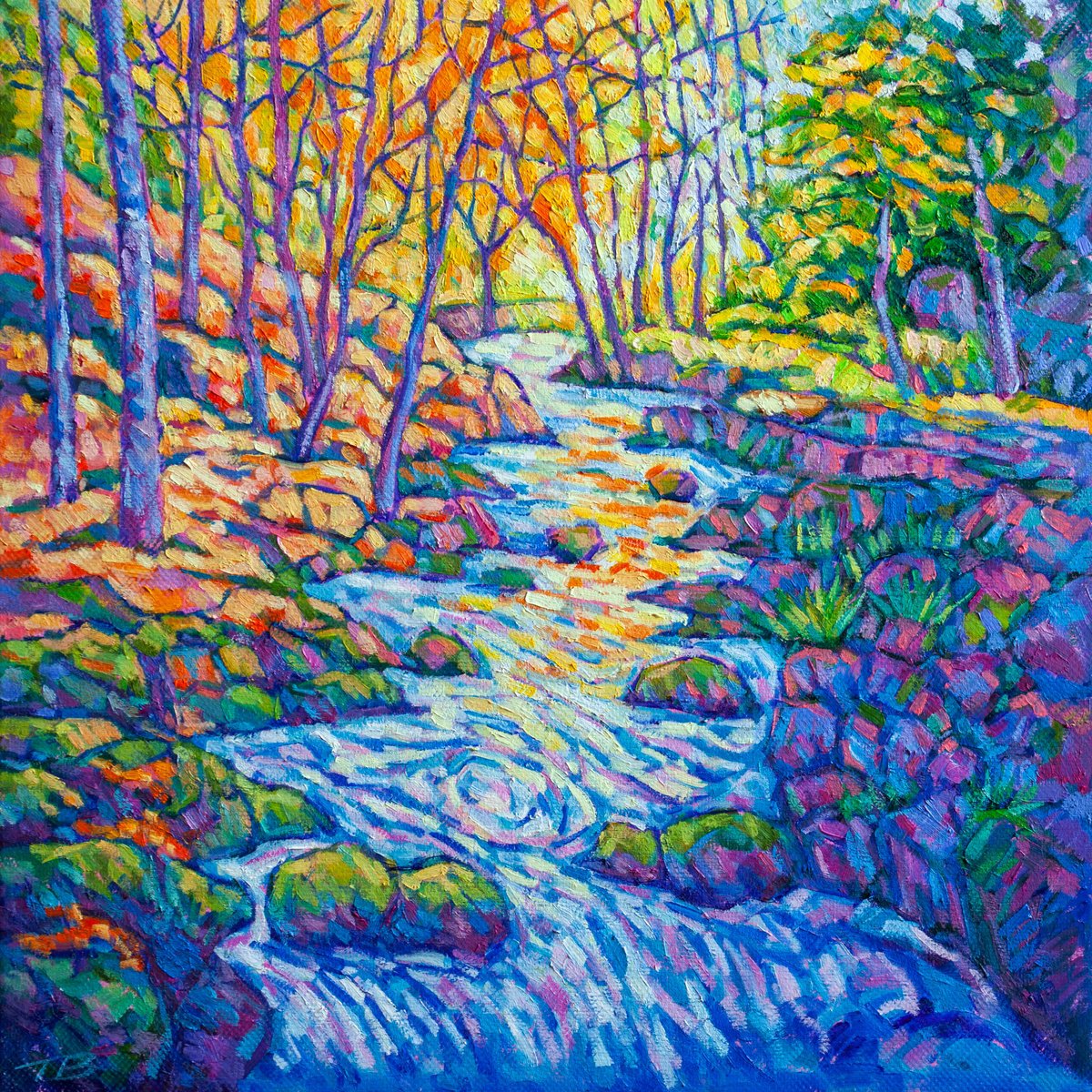 Impressionistic Landscape Oil Painting By Tao Bai, 20 X 20", Autumn Stream Landscape Oil Painting, Original Artwork