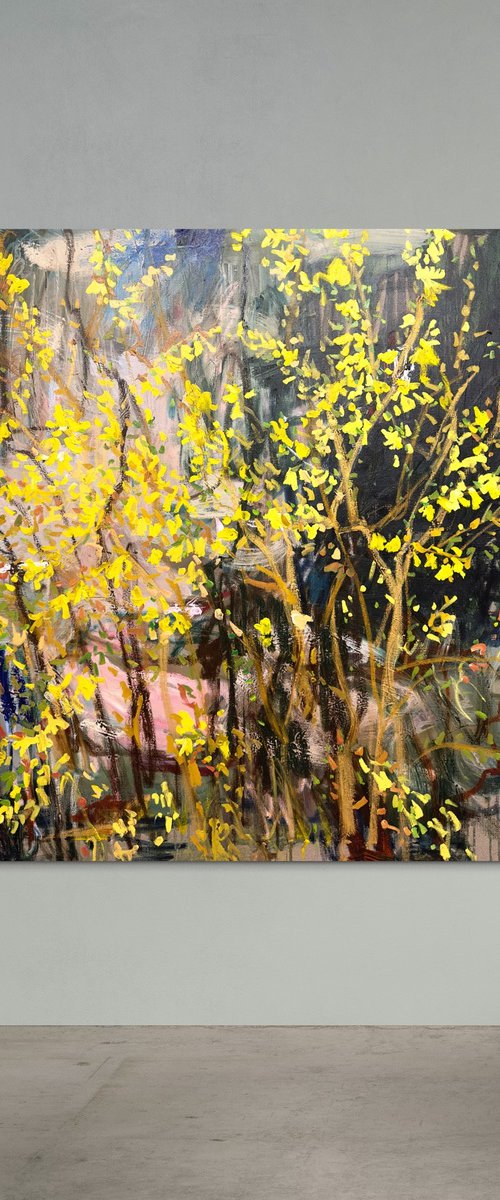 Garden awaits the spring. Forsythia Golden Bell by Lilia Orlova-Holmes