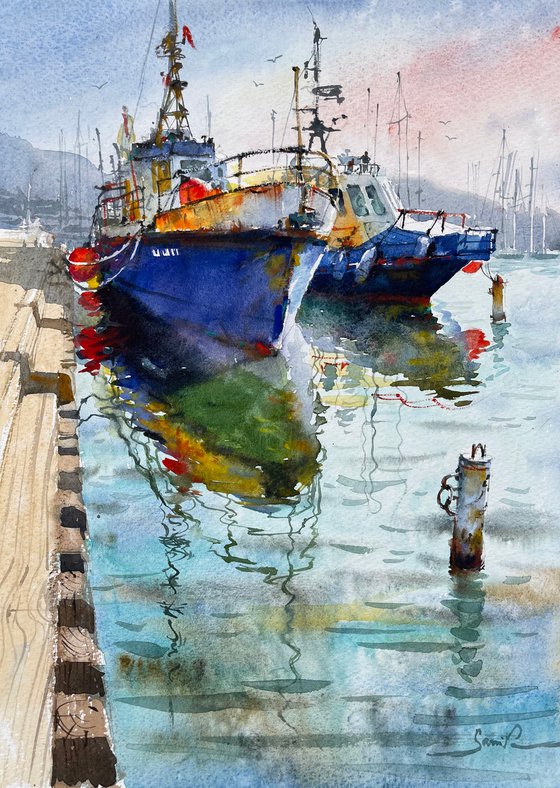 Ship in port, Watercolor painting