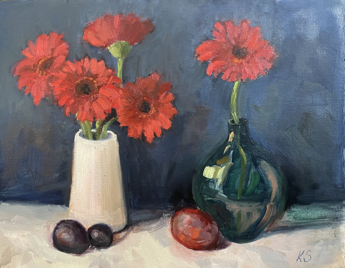 Impressionistic Botanical Oil Painting By Kate Sosonna, 18 X 14", Red Gerberas, Original Artwork