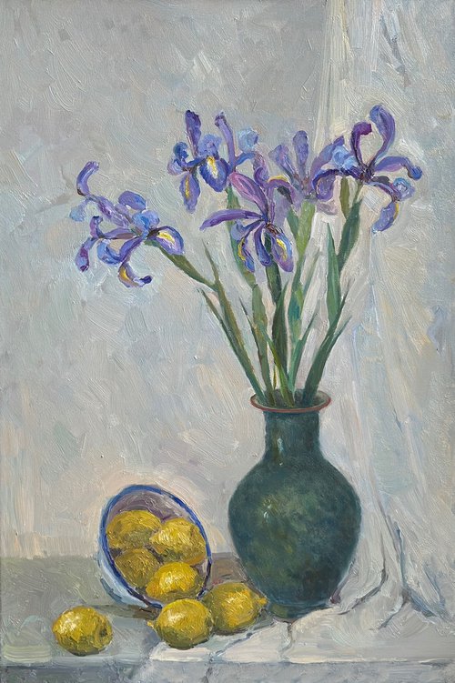 Still life with irises flowers and lemons by Anna Novick