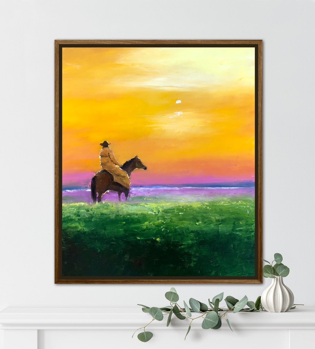 Impressionistic Landscape Oil Painting By Volodymyr Smoliak, 24 X 28", Lonely Cowboy, Original Artwork