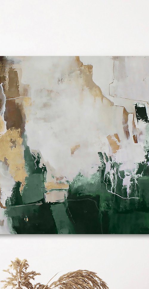 "Green Flash 2" Abstract green brown gold art by Yana Sagan