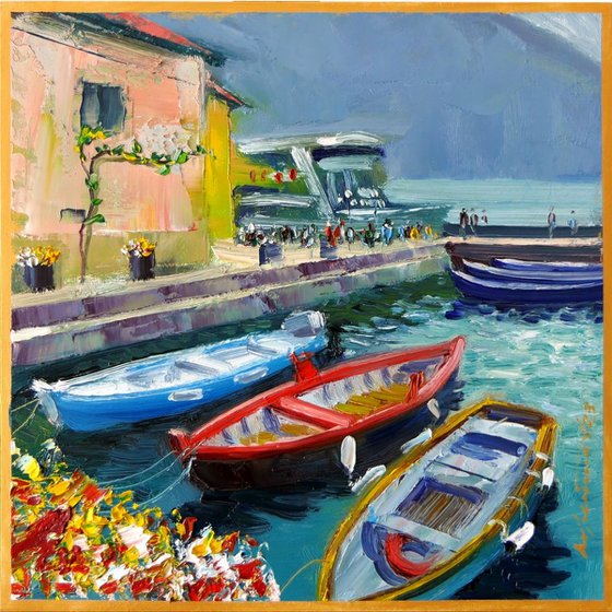 Moored Boats in Limone, Garda Lake, Italy Cityscape, Oil Painting