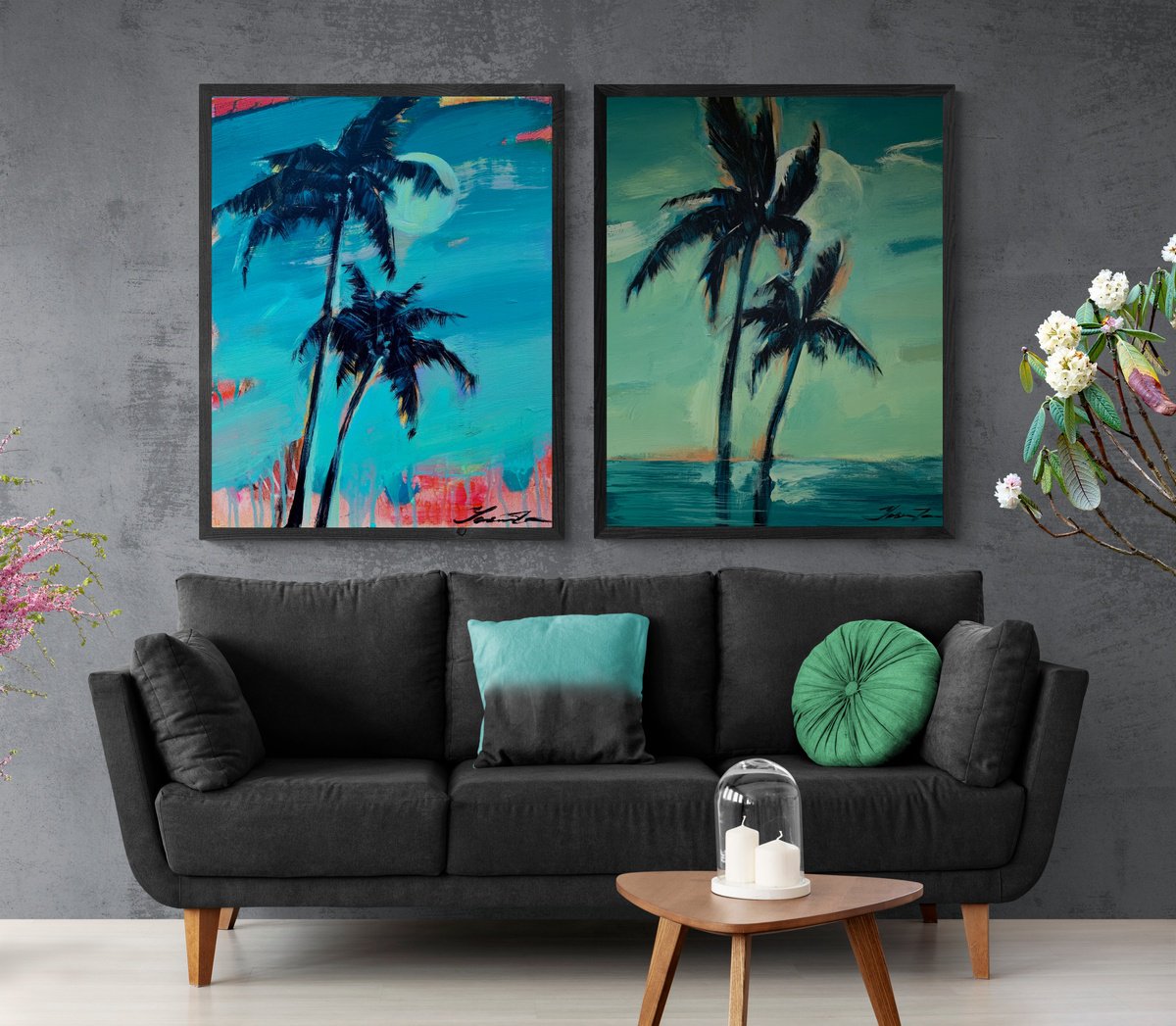 Big XXL painting - Bright palms - Pop Art - Palms and Sea - Night Seascape - Huge painti... by Yaroslav Yasenev