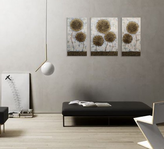 GOLD ASTERS (TRIPTYCH 30X60 40X60 30X60 size, texture, Modern art )