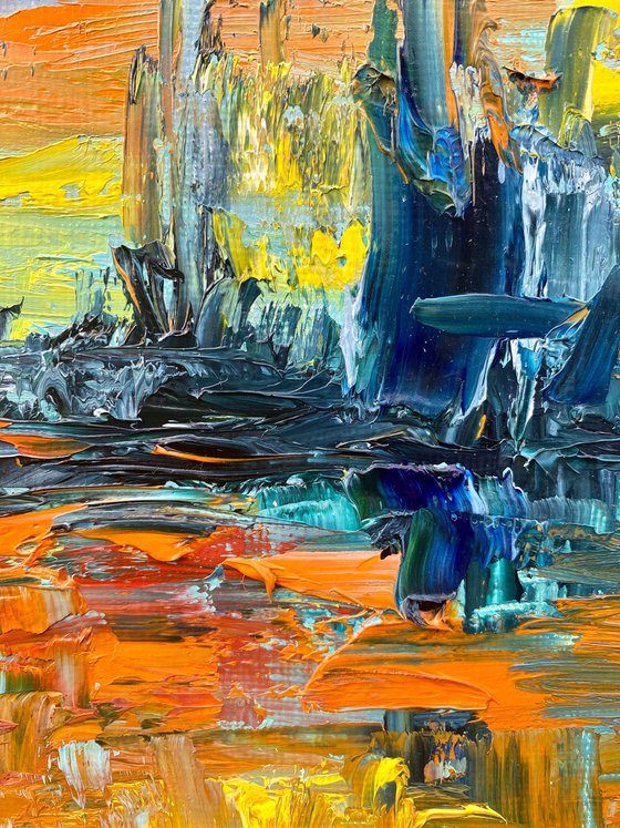 Sunset - Big city never sleeps, 70*80cm, impressionistic landscape oil painting in orange and turquoise