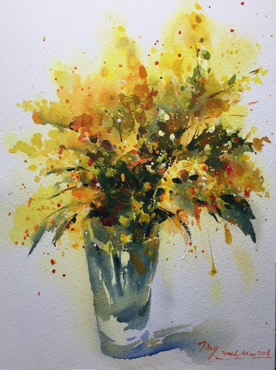 Impressionistic Botanical Watercolour By Jing Chen, 9 X 12, Yellow Flowers, Original Artwork