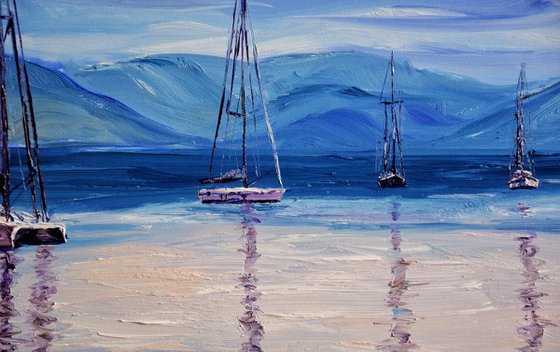 Clouds, Sea and Ships Large Oil Painting on Canvas, Greece Seascape