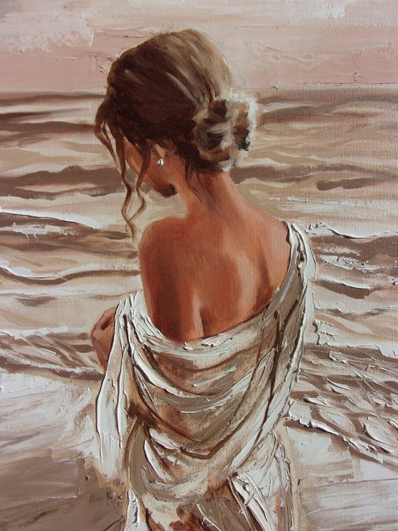 " GIRL WITH A PEARL ... "  SUN SKY SEA SAND liGHt  ORIGINAL OIL PAINTING, GIFT, PALETTE KNIFE