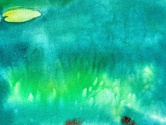 Fishes Pond Watercolour Painting, Abstract Landscape Original Art, Green Wall Art