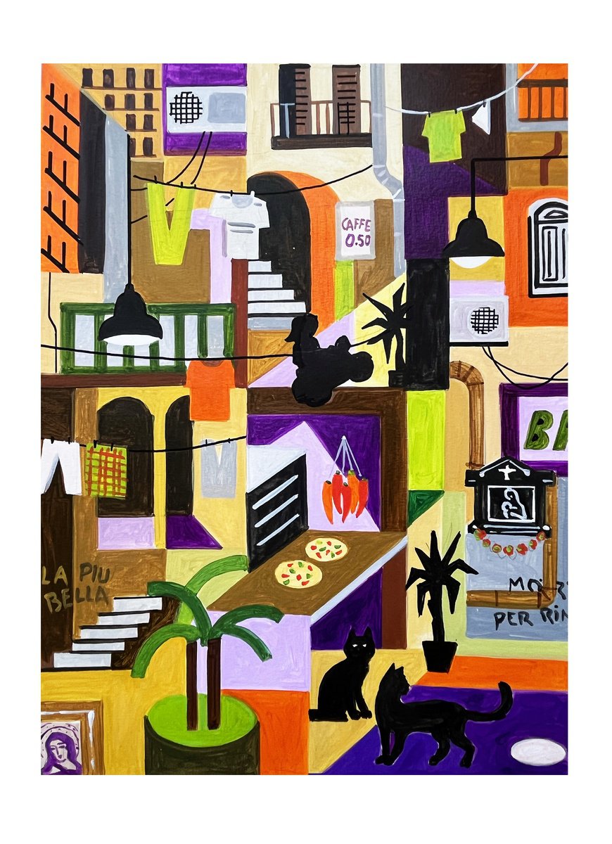 Urban And Pop Cityscapes Acrylic Painting By Andre Baldet, 13 X 17, Naples-06, Original Artwork