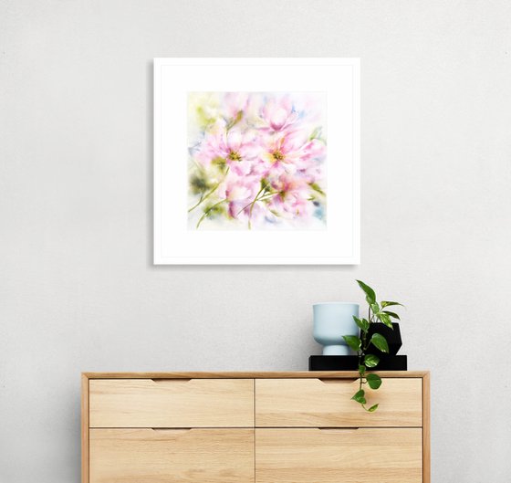 Peony bouquet. Pink loose flowers watercolor painting.