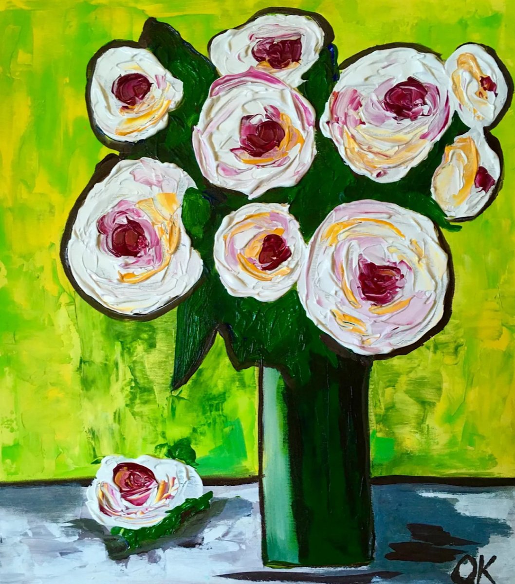 Impressionistic Botanical Acrylic Painting By Olga Koval, 16 X 18", Roses In A Vase #10, Original Artwork