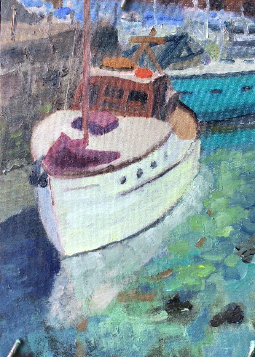 Impressionistic Landscape Oil Painting By Julian Lovegrove Art, 10 X 14", Wooden Boats In Harbour, Original Artwork