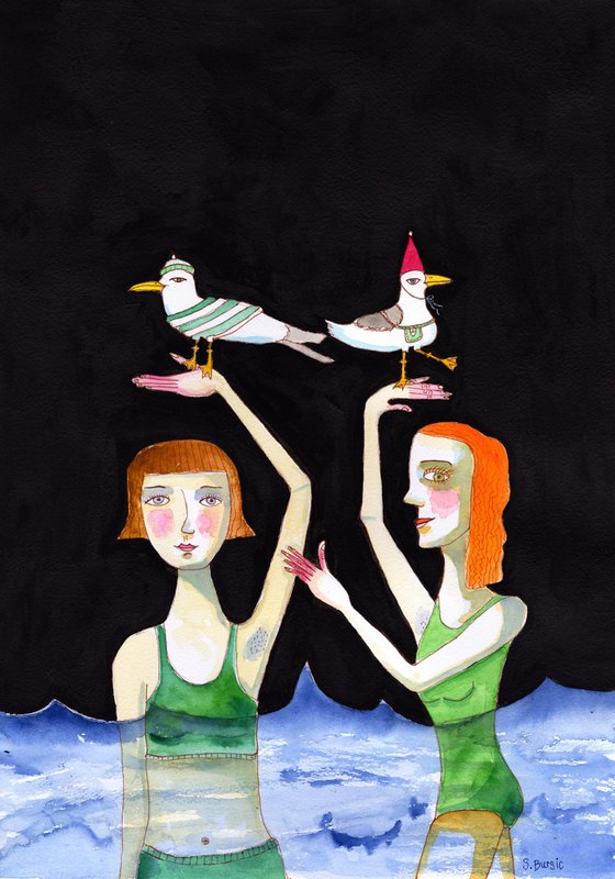 Ocean Swimming Best Friends with funny humour seagulls birds