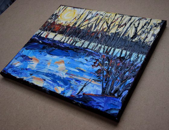 Christmas winter original oil painting on canvas, sunset forest river, snowy trees, cozy hygge gift