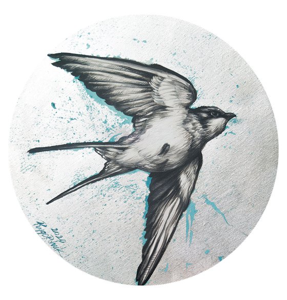Swallow painting, 30 cm (11 inches), bird in flight,bird print,bird artwork,art swallow , silwer art , print art painting,on a round frame