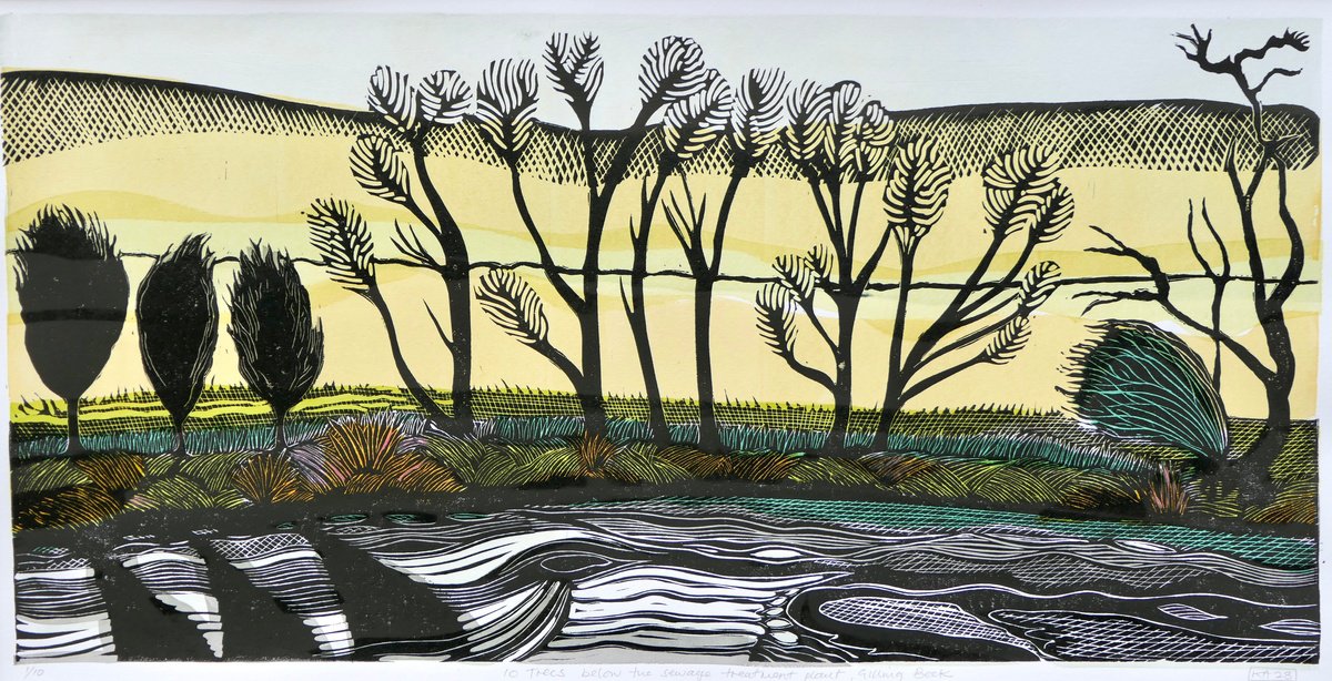 Illustrative Landscape Linocut By Keith Alexander, 293 X 159", Gilling Beck, Original Artwork