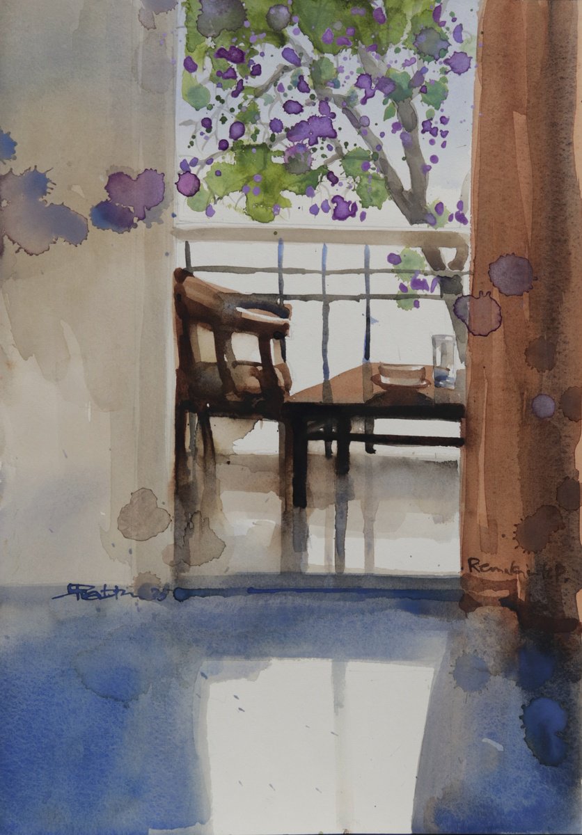 Impressionistic Landscape Watercolour By Prashant Prabhu, 14 X 20", Violet Blooms, Balcony View, Original Artwork