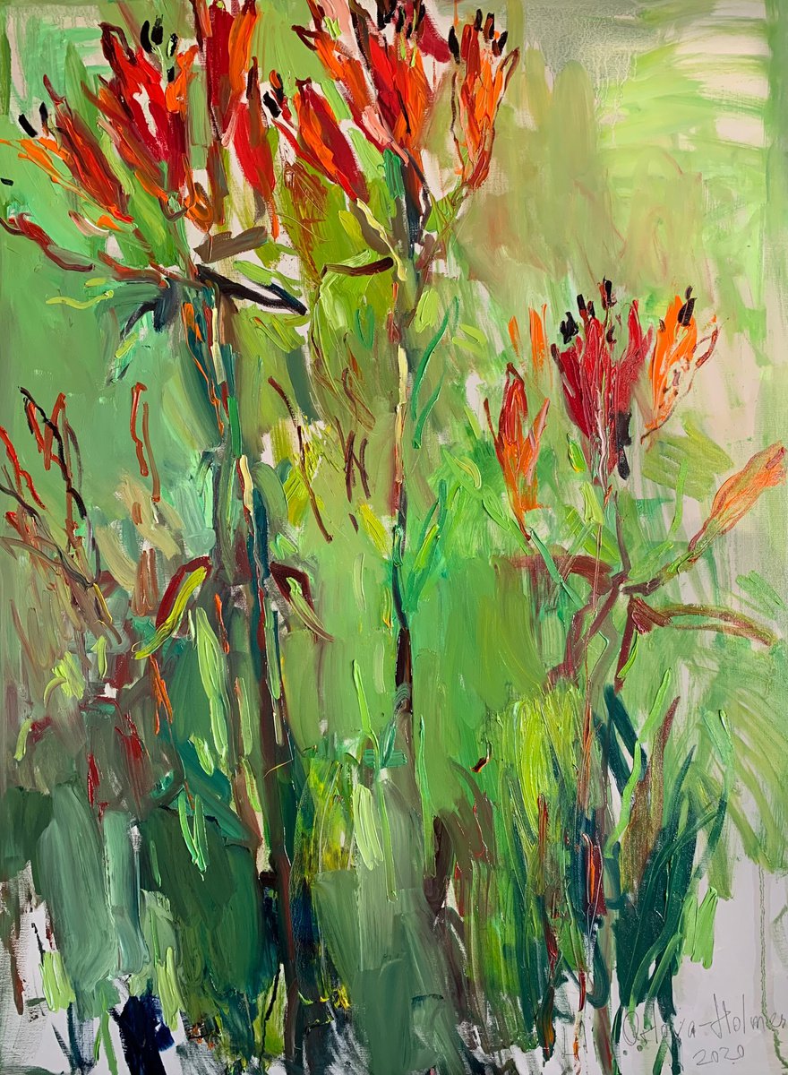 Red lilies. by Lilia Orlova-Holmes