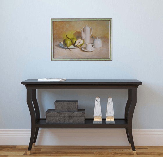 "Evening tea with pears. " still life teapot pear liGHt original painting  GIFT (2020)