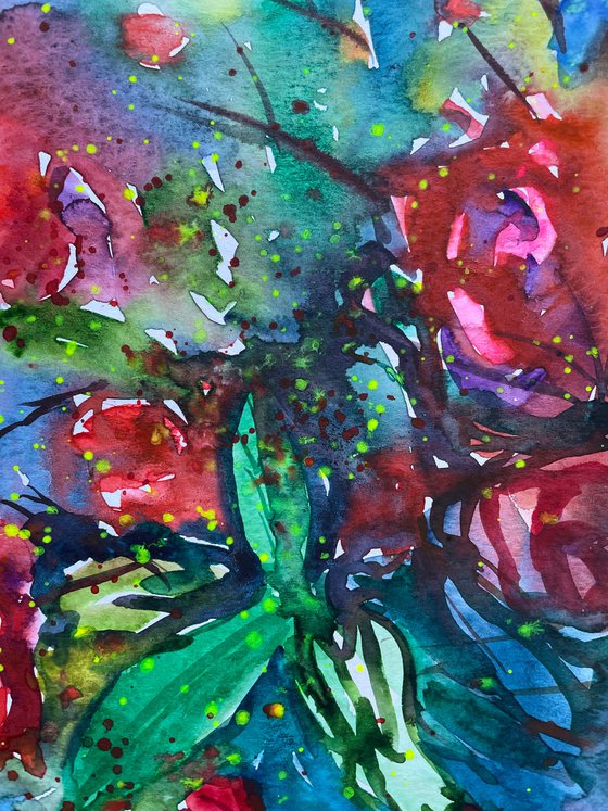Abstract Flower Watercolor Painting, Roses Original Artwork, Red Floral Wall Art
