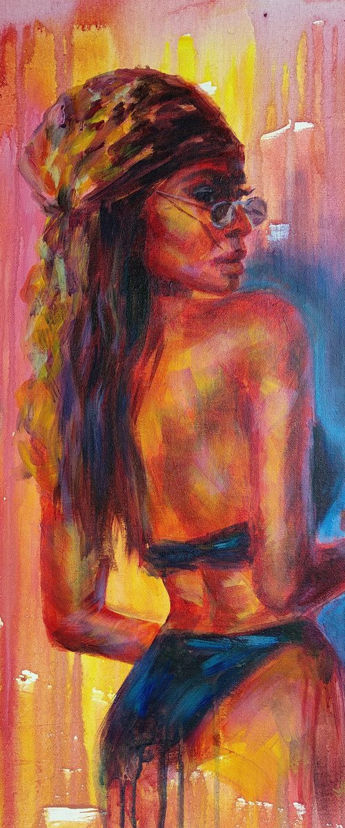 Hot Summer Acrylic Expressionism Beautiful Woman Portrait by Anastasia Art Line