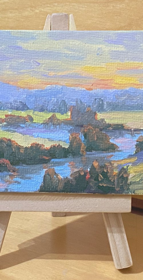 River Bend Sunset Miniature Oil Landscape by Tatyana Fogarty