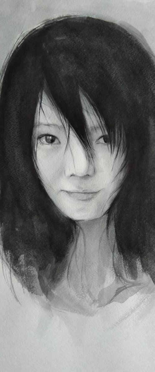 Black white portrait-Chinese(31x43cm, watercolor, paper) by Kamsar Ohanyan