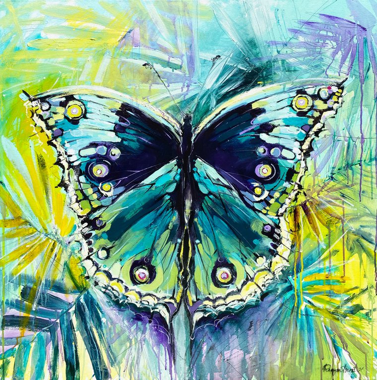 teal Butterfly pink purple original acrylic painting by RAEME 16x20 canvas gold