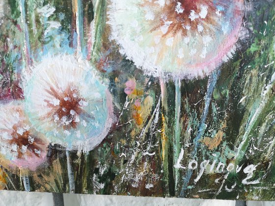 Dandelions flowers painting, Textural painting on canvas