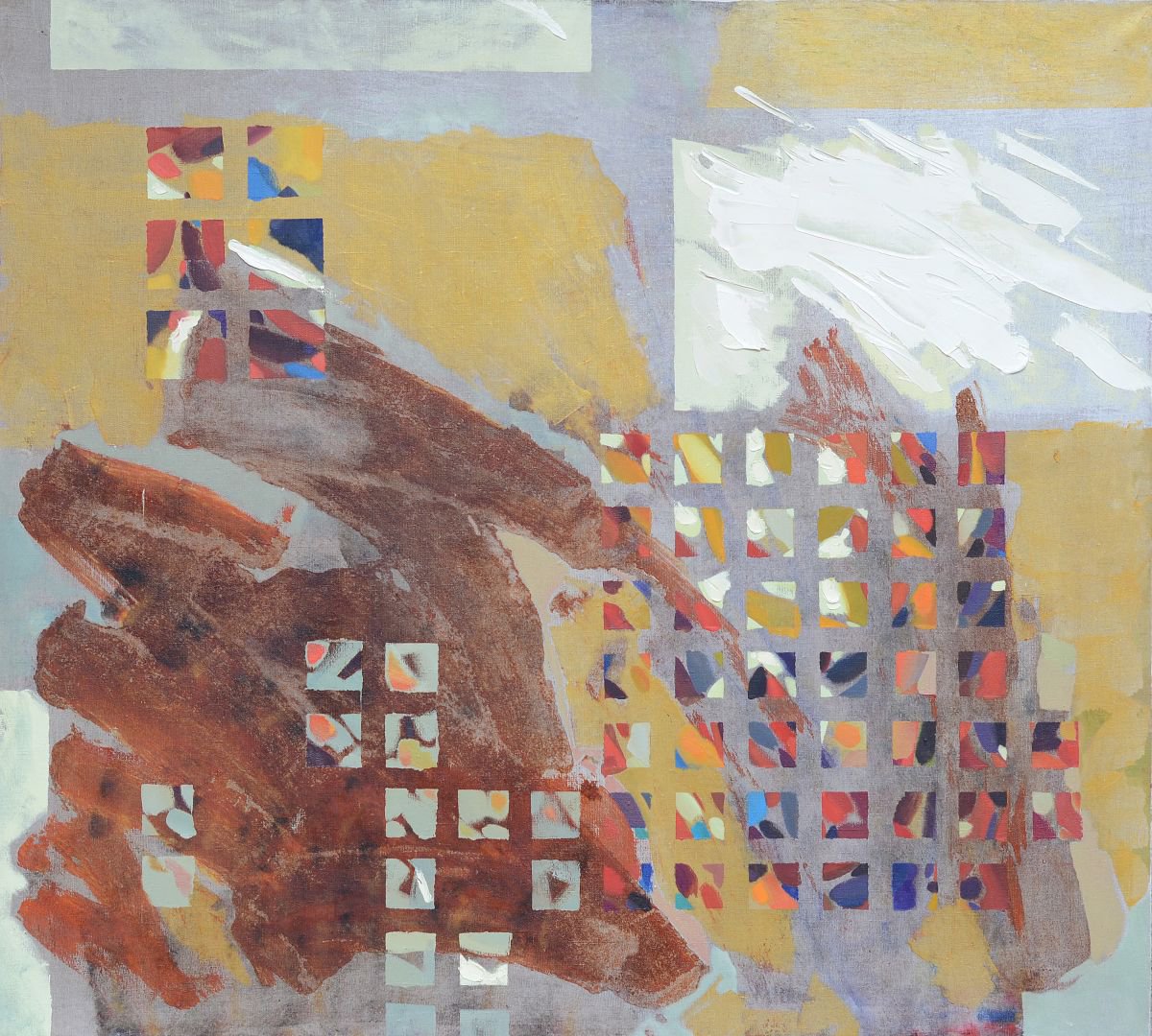 Geometric Abstract Oil Painting By Florina Breazu, 44 X 40, Issues, Original Artwork