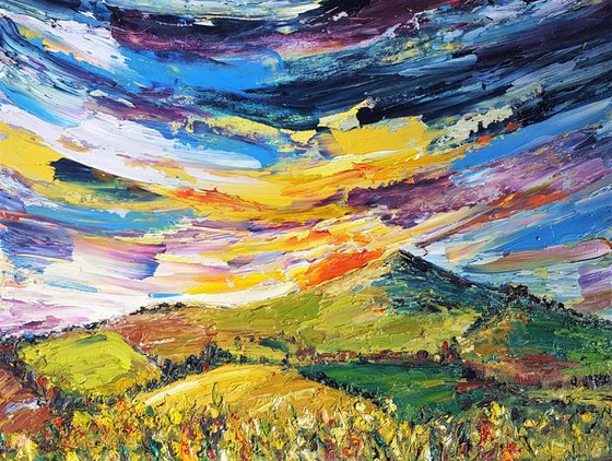 The sky burns as the Sunsets - a semi abstract impasto Landscape