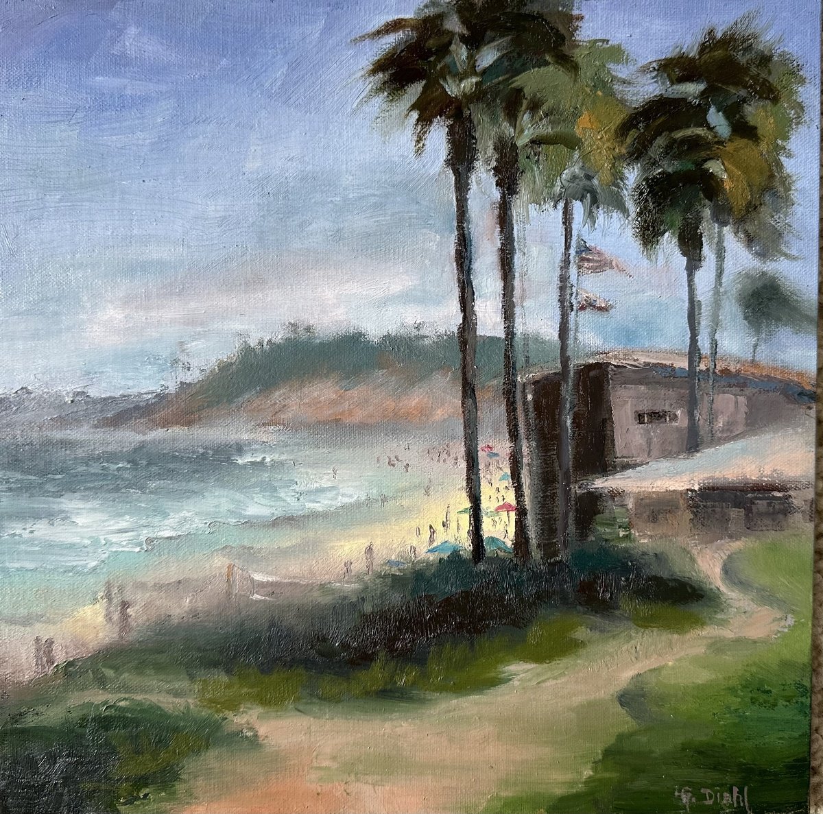 Impressionistic Landscape Oil Painting By Grace Diehl, 10 X 10, Powerhouse Beach, Original Artwork
